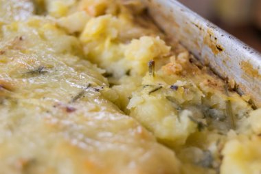 closeup shot of potato moussaka with ground meat