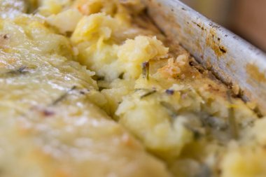 closeup shot of potato moussaka with ground meat