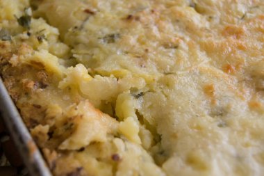 closeup shot of potato moussaka with ground meat