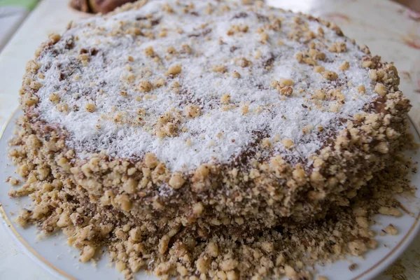 Homemade Sweet Cake Crushed Nuts Close View — Stock Photo, Image