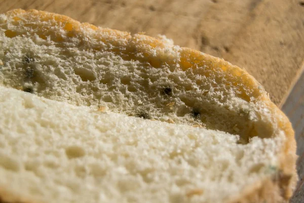Close View Piece Bread Partly Moldy — Stock Photo, Image