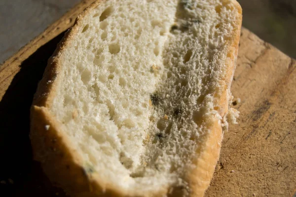 Close View Piece Bread Partly Moldy — Stock Photo, Image
