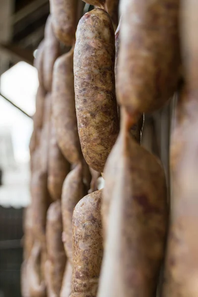 Grilled Pork Sausages Hanging Close View — Stock Photo, Image
