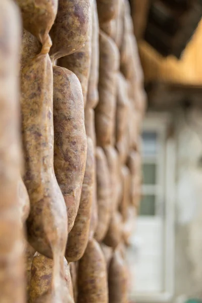 Grilled Pork Sausages Hanging Close View — Stock Photo, Image