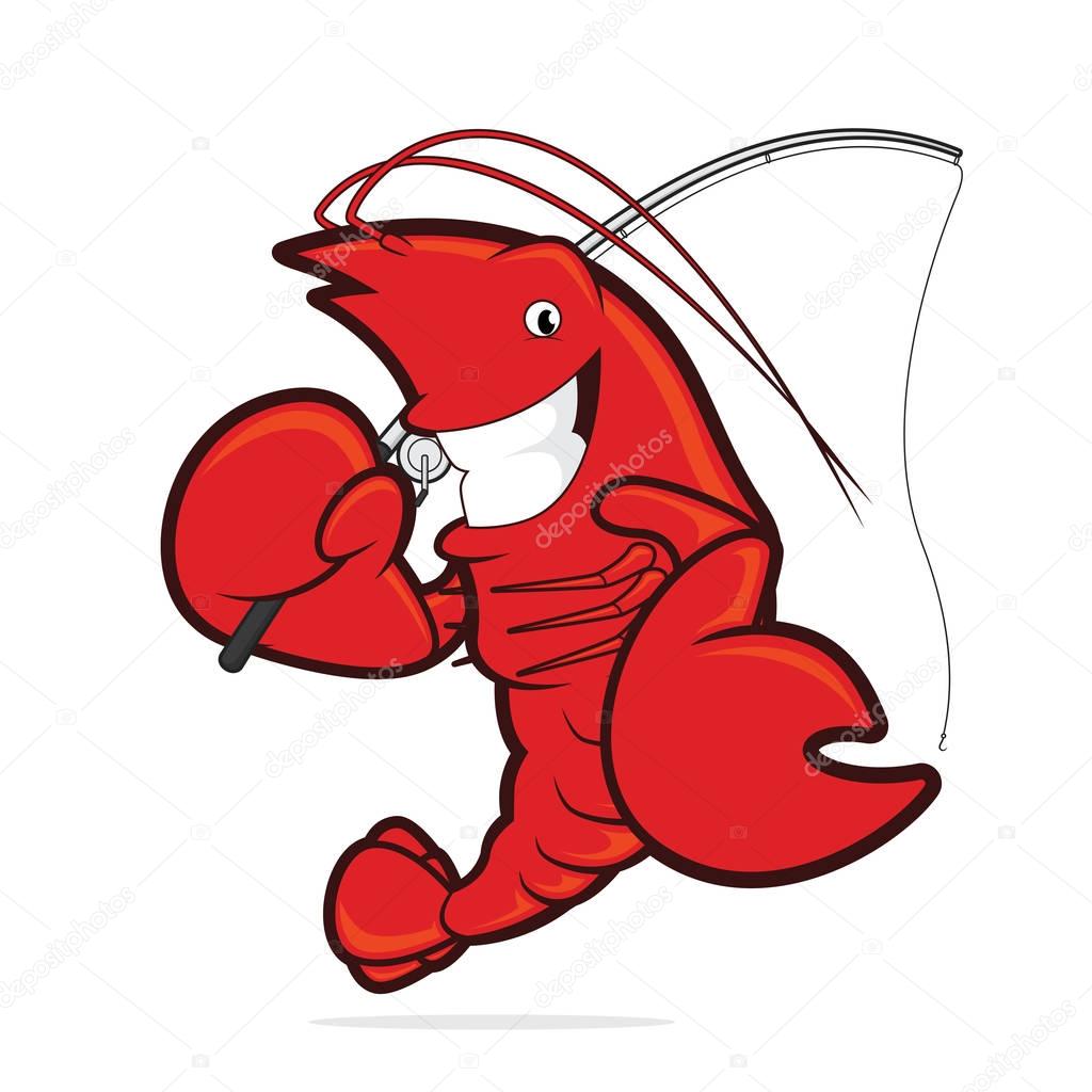 Clipart picture of a lobster cartoon character holding a fishing rod