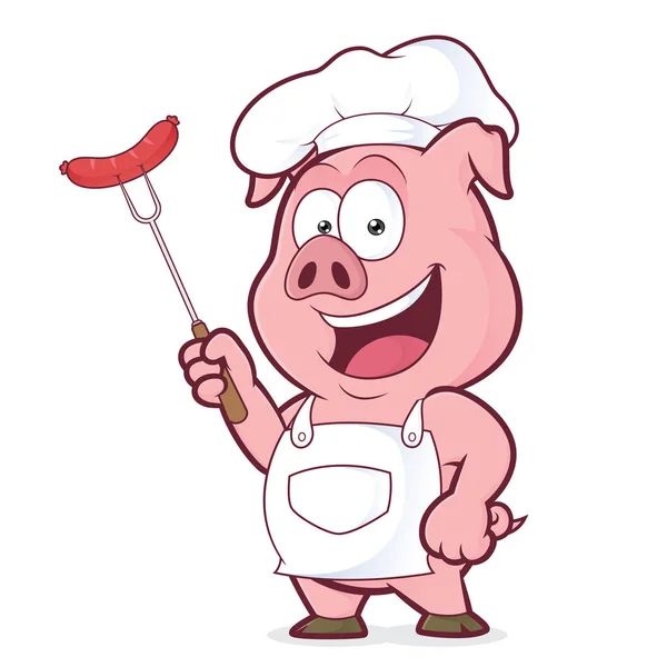 Свинячий шеф-кухар тримає ковбасу на виделці — стоковий вектор