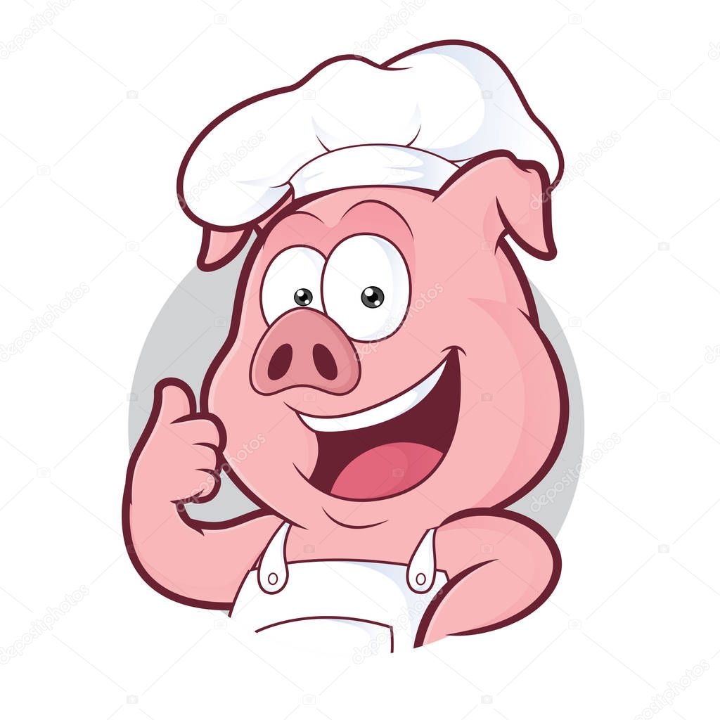 Clipart picture of a pig chef cartoon character giving thumbs up in round frame