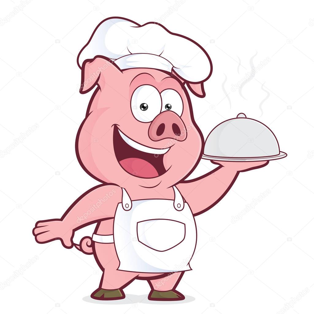 Pig chef holding silver cloche