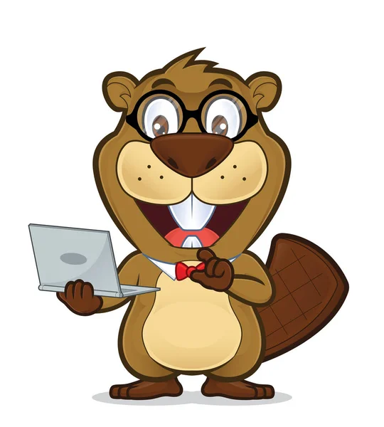 Beaver geek holding laptop — Stock Vector