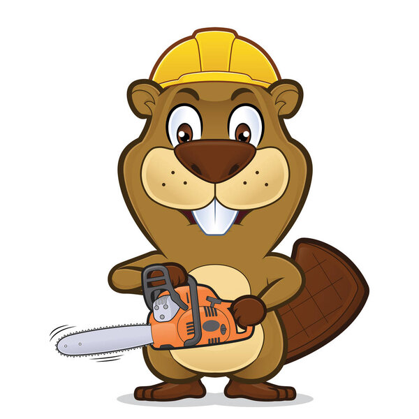 Beaver wearing a construction hat and holding a chainsaw