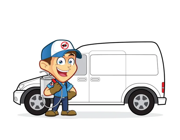 Exterminator or pest control standing in front van — Stock Vector