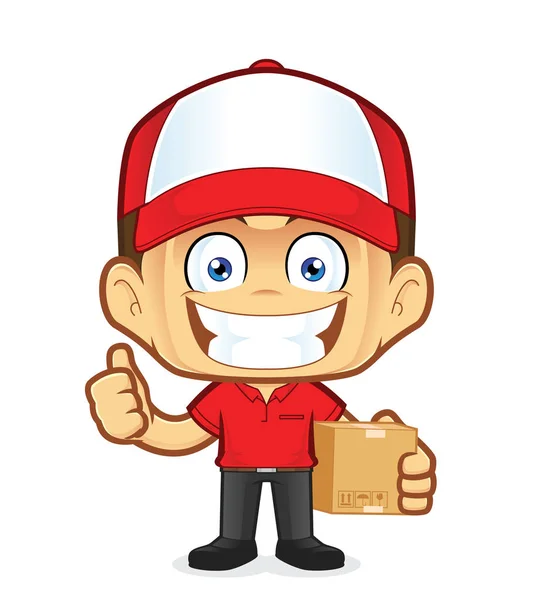 Delivery man courier holding a box and giving thumbs up — Stock Vector