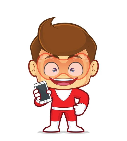Imagen Clipart Personaje Dibujos Animados Superhéroes Que Sostiene Teléfono Inteligente Vectores de stock libres de derechos