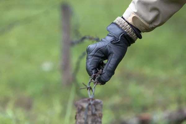Hand in military glove and barbed wire