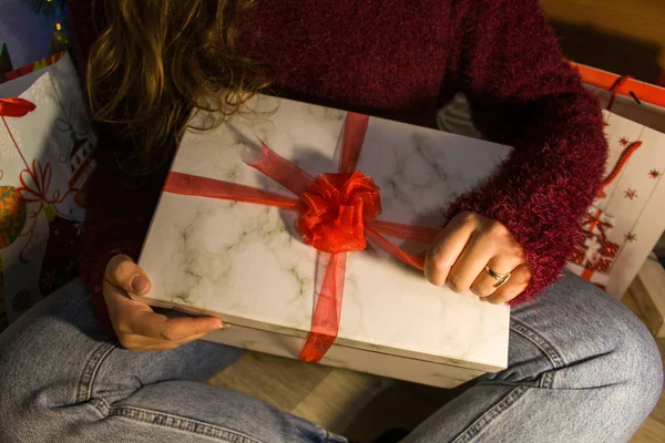 Gift White Box Hand Girl Opening Red Ribbon