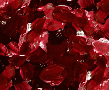 Soyut arkaplan, elle boyanmış doku, suluboya, sıçrama, boya damlaları, boya darbeleri. Bahar, kırmızı çiçek yaprakları, kırmızı güller. Kumaş, duvar kağıdı, kapak, ambalaj, kağıt, baskı için tasarım.