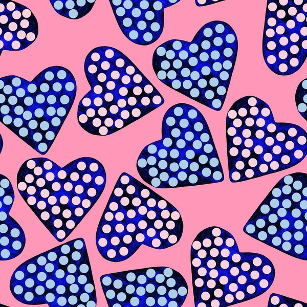 Dark blue heart in pink, light blue dots. Watercolor painting seamless pattern, pink background. Polka-dot. Holiday/Valentine\'s day mood. Design for fabric, wallpaper, baby room, print, wrapping paper.