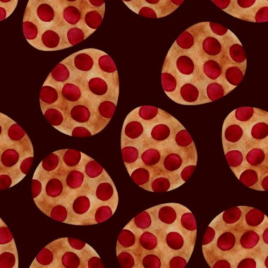 Paskalya yumurtası - kırmızı noktalı çikolata. Suluboya boya, pürüzsüz desenli kahverengi arkaplan. Arkaplanlar, duvar kağıtları, kapaklar ve ambalaj kağıtları için tasarım.