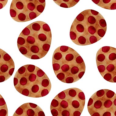 Paskalya yumurtası - kırmızı noktalı çikolata. Suluboya boya, beyaz arkaplanda pürüzsüz desen. Arkaplanlar, duvar kağıtları, kapaklar ve ambalaj kağıtları için tasarım.