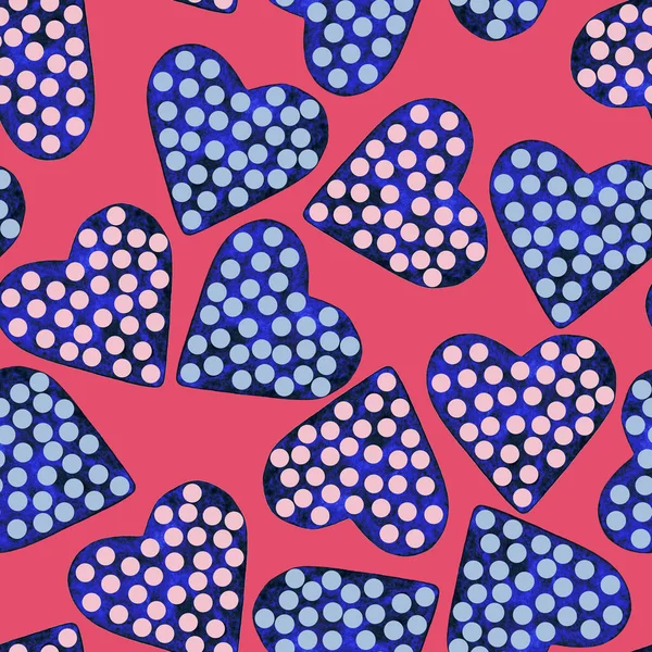 Dark blue heart in pink, light blue dots. Watercolor painting seamless pattern, pink background. Polka-dot. Holiday/Valentine\'s day mood. Design for fabric, wallpaper, baby room, print, wrapping paper