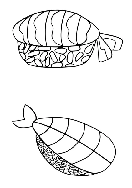 白を基調とした海老握り 海老寿司 黒と白のフードイラスト 子供や大人のための手描きのぬり絵本 絵のシリーズの一つ — ストック写真