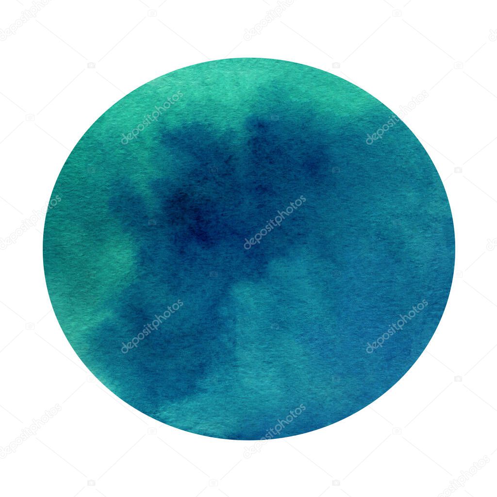 Watercolor stains round background, turquoise and blue color. Illustration on a textured watercolor paper. Shape of a circle isolated on white. Design for fabric, wallpaper, packaging, paper, greeting cards, invitations, weddings.