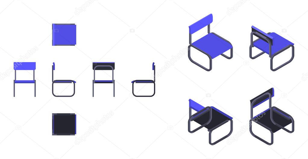 isometric and flat blue chair from differnet directions