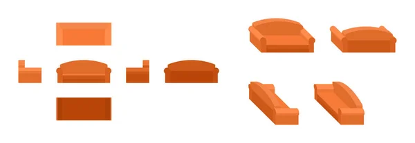 Orange Soffa Från Olika Vinklar Isometrisk — Stock vektor