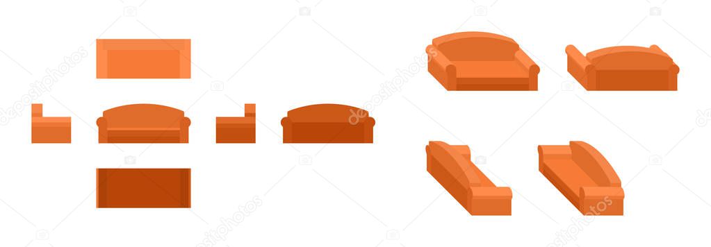orange couch from different angles isometric