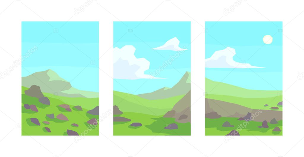vector illustration set of abstract landscape rocks mountain cliff cloudy clear sky sun 