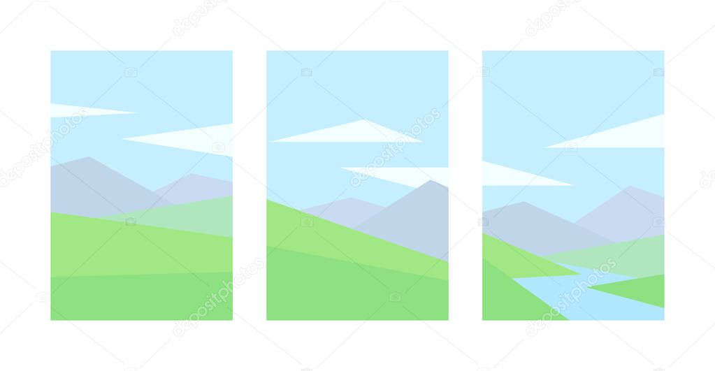 vector illustration set of abstract landscapes mountain river water hill clouds grass
