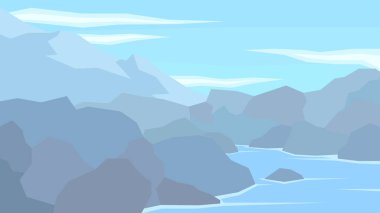 Vektör illüstrasyon soyut manzara taşları nehir bulutları dağ kazması