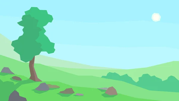 Vector Ilustración Abstracto Paisaje Árbol Rocas Colinas Arbustos Cielo Claro — Vector de stock