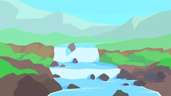 Vector Illustration Abstract Landscape Mountain Rocks Clear Sky River Waterfall — 스톡 벡터