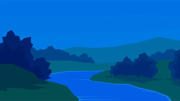 Ilustração Vetorial Abstrato Noite Paisagem Rio Arbusto Floresta Colina — Vetor de Stock