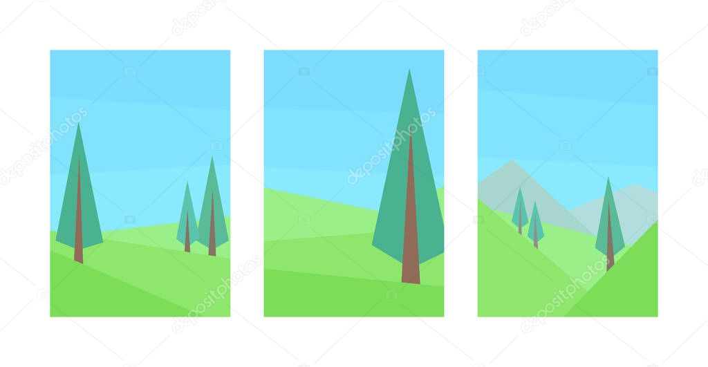 vector illustration set of abstract geometric landscape spruce hill mountain clear sky