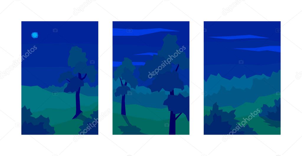 vector illustration set of abstract night landscape tree bush cloud sky forest