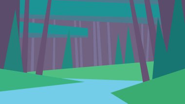 Vektör çizimi soyut geometrik manzara yaz çam ağaçları orman nehir çimenleri günü