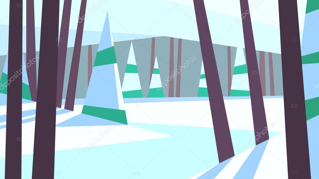 vector illustration abstract geometric winter landscape forest trees pine spruce ice river day snow