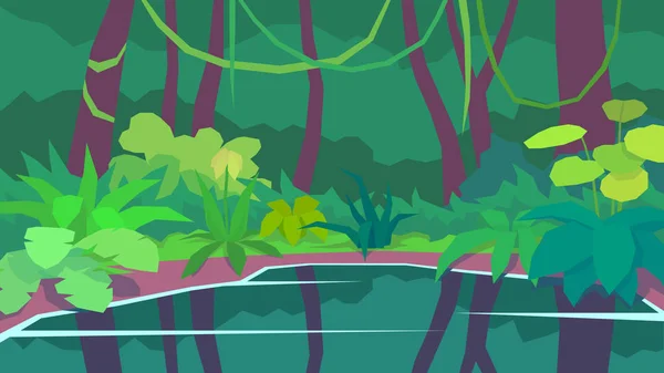 Ilustração Vetorial Abstrato Polígono Paisagem Lago Reflexão Selva Densa Moita —  Vetores de Stock