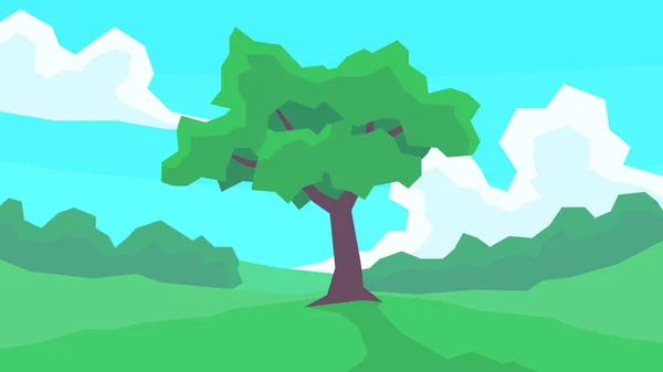 Ilustração Vetorial Abstrato Polígono Paisagem Solitário Árvore Planície Campo Nuvem — Vetor de Stock