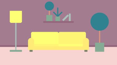 Vektör illüstrasyon soyut minimalizm iç mekan daire oturma odası lambası kanepe raf bitki