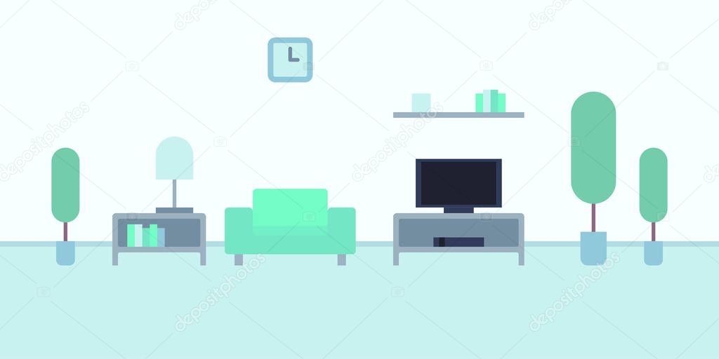 vector illustration abstract minimalism interior background apartment living room plants armchair tv clock bookshelf lamp