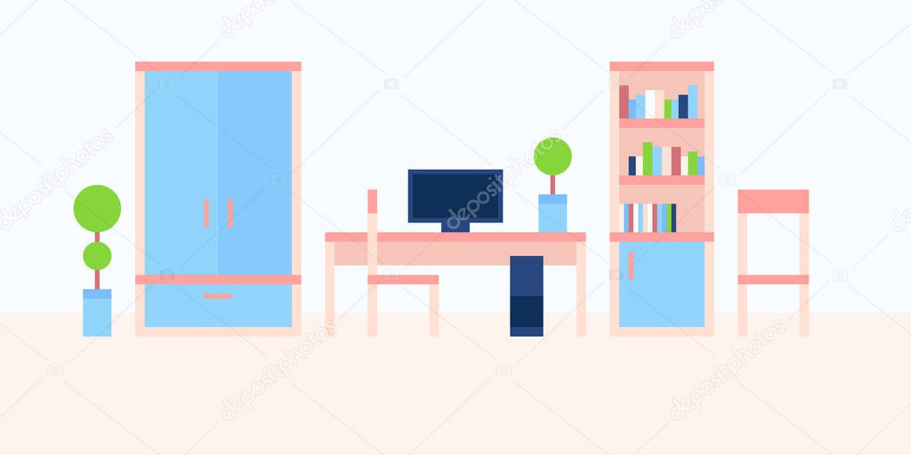 vector illustration abstract minimalism interior background apartment bed room plant wardrobe desk computer chair bookcase