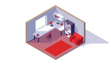 İzometrik düşük polimetrik oda iç çalışma masası sandalye pencere rafı koltuk koltuğu illüstrasyonuName