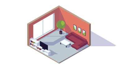 İzometrik düşük polyester oturma odası iç mekan televizyon kanepede kanepede kahve masası illüstrasyonu