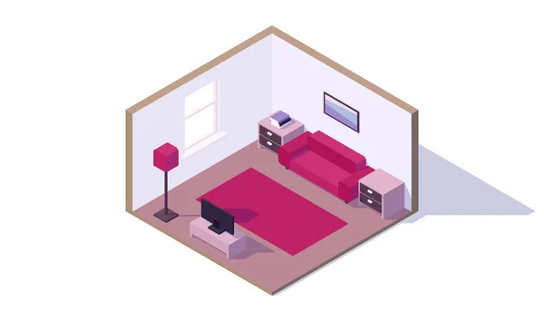 Isometrisch Low Poly Wohnzimmer Innen Couch Spind Lampe Bild Teppich — Stockvektor