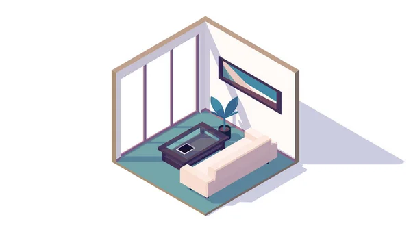 Isometric Rendah Poli Ruang Tamu Interior Sofa Jendela Kopi Meja - Stok Vektor