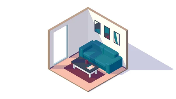 Isometric Rendah Poli Ruang Tamu Interior Sofa Gambar Jendela Kopi - Stok Vektor