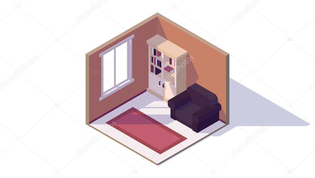 isometric low poly living room interior armchair window bookcase carpet vector illustration